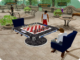 Scacchista in attesa di avversario in un parco virtuale (foto www.apple.com)